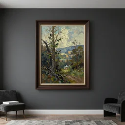 interior design photograph of a framed oil painting in a contemporary space against a dark gray wall, realistic dramatic studio photography lighting hdr