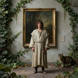 ancient man wearing old crumpled robe in front of the framed painting in the abandoned overgrown art gallery surrounded by wildlife, ivy, photorealistic, hyperrealistic, minimalism, symbolism, highly detailed, digital painting, matte painting, cinematic lighting, 8 k, by rutkovski and simonetti and beksinski