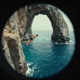 a man cliff jumping into waters that are actually a portal to another dimension, film still from the movie directed by Denis Villeneuve with art direction by Salvador Dalí, wide lens