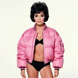 beautiful fantasy character portrait, jacqueline kennedy silk screen print by andy warhol, wearing oversized puffy pink bomber jacket and black bikini, ultra realistic, wide angle, seductive pose, cyberpunk artifacts, highly detailed by peter mohrbacher, hajime sorayama, wayne barlowe, boris vallejo, aaron horkey, gaston bussiere, craig mullins