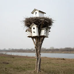 realistic documentary landscape photo a big white birds house made of branches wooden branches nest, in a grass field near the river, neutral colors, 2 0 0 8, life magazine national geographic reportage photo