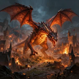 dnd wyvern attacking a settlement at night, fire, fantasy art, concept art, epic