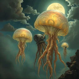 concept art of giant translucent glowing jellyfishes, renaissance, divers helmet, lots of teeth, melting horror, round moon, rich clouds, fighting the horrors of the unknown, mirrors, very detailed, volumetric light, mist, grim, fine art, decaying, textured oil over canvas, epic fantasy art, very colorful, ornate, anato finnstark