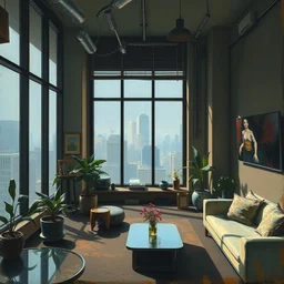 cyberpunk loft lounge with tall windows, no people, city in background, drawn by feng zhu, sparse plants, dim painterly lighting volumetric aquatics, impasto