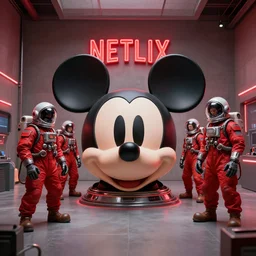 stressed futuristic mechanics in red suits wearing astronaut helmets, surrounding a huge mickey mouse doll head in the center of the room! red netflix neon office sign in background, beeple!!, minimal, movie still in in private car garage, dystopian
