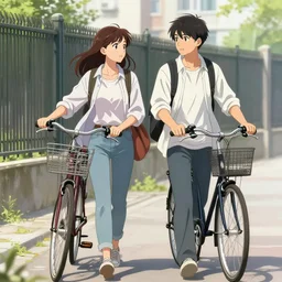 teenage couple walking together with their bikes, city background!!!, walking in front of a fence!, full face, medium shot, anime!!!!!!!!, fantastic details, trending on artstation!, pixiv, hyperdetailed, stanley artge rm lau, wlop!!, rossdraws, mandy jurgens and artgerm, william adolphe bou