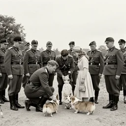 ultra wide 1 9 4 6 historical far away photo the german generals surrendering to young queen elizabeth, her corgis are nearby highly detailed