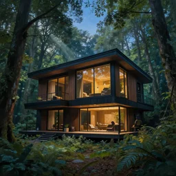 hyper realistic witchy modern house with mood lighting and tech in the woods gorgeous lighting, sunbeams blue sky, highly detailed, lush forest foliage painting by zdzisław beksinski and norman rockwell and greg rutkowski weta studio, and lucasfilm
