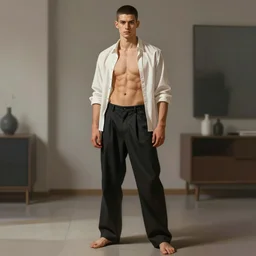 full body portrait of a single beautiful young fit man, modern haircut, open shirt, large pants, bare feet, by greg rutkowski and alphonse mucha, d & d character, modern interior room background, highly detailed portrait, digital painting, artstation, concept art, smooth, sharp focus ilustration, artstation hq