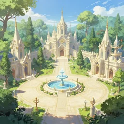 a wide open courtyard in a beautiful elven city made of ivory, anime, lush trees, fountain, a fantasy digital painting by greg rutkowski and james gurney, trending on artstation, highly detailed