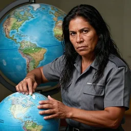 epic portrait of slightly muscular indigenous serious visionary sheila wattcloutier wearing short sleeved instructor uniform laser pointing on globe, blueprint, detailed, artstation, concept art, donato giancola, joseph christian leyendecker, wlop, boris vallejo, dark eyes, highest resolution, extremely detailed beautiful, establishing shot, artistic, hyperrealistic, beautiful face, enhanced hands, octane render
