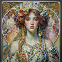 a beautiful woman made from porcelain in intricate detailed color oilpaint, 3 d render, hyper realistic detailed, distopian surrealism, intense colors, scifi, fantasy, hyper detailed, octane render, concept art, by peter mohrbacher, by alphonse mucha, by wlop, by ruan jia