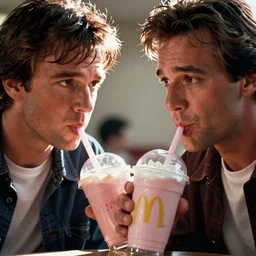 film still of rocky balboa drinking a milkshake in mcdonalds, focus on faces, cinematic lighting, unreal engine, steve mccurry, volumetric lighting