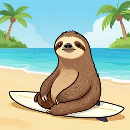 hipster drawing of a surfer sloth sitting on the sand, tropical water in the background hawaii