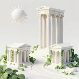 a matte painting of a road of Atlantis town in the hill grec greeble temple olymp glory in sun shaft zeus sky tower statue pantheon ivy plant grow flower in white marble gold incrusted of legends adn red flag dynasty by Frank Lloyd Wright and Zaha Hadid torch volume light stylized illustration  3d rim light, hyperrealistic masterpiece, artstation, cgsociety, kodakchrome, golden ratio