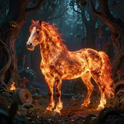 nightmare fire horse in a secret mythical garden, dramatic lighting, inspired by brom art