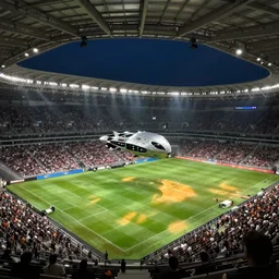 Cellphone photo from the stands of a football stadium.  An alien spacecraft lands on the field during a game