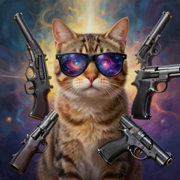 hyperrealistic painting of a cat with galaxy glasses, surrounded by realistic guns and pistols, abstract background, mystical light 8 k octane render, unreal engine, highly detailed