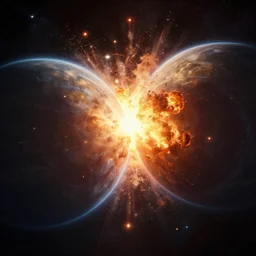 two planets colliding with eachother, explosions, dust, fire, glowing, stars, space, epic, fine details. night setting. realistic shaded lighting poster by craig mullism, artgerm, jeremy lipkin and michael garmash, unreal engine, radiant light, detailed and intricate environment, digital art, trending on art station,