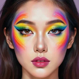 a beautiful detailed painting of a woman with her face painted in rainbow colors. stunning 🌈 face paint. close up on highly detailed gorgeous face. by artgerm and greg rutkowski and josan gonzalez