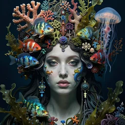 realistic detailed underwater face portrait photo of the beautiful young goddess of the fish of the three lights with an intricate headdress of corals, sea kelp, sea plants, fish, jellyfish, art by ernst haeckel, h. r. giger, zdzisław beksinski, gustav klimt, gothic, neo - gothic, hyper - ornamental,