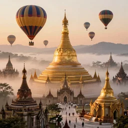 a stunning ultra detailed fantasy fine art illustration of a hot air balloon festival above the temples and pagodas of burma, by gediminas pranckevicius and tomasz alen kopera, foggy, crepuscular rays, artstation, 8 k, deep depth of field, golden hour hues, vibrant colors, hyper realistic