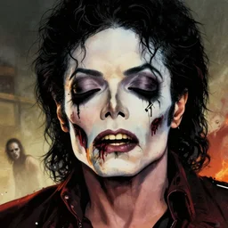 cell shaded portrait of a zombie michael jackson with dark eye sockets closed mouth as thriller concept art, macro head shot, ilustration, post grunge, low angle, concept art by josan gonzales and wlop, by james jean, victo ngai, david rubin, mike mignola, laurie greasley, highly detailed, sharp focus, by artgem
