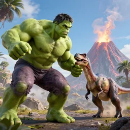 hulk try to stop meteor for saving dinosaur at mesozoic era theme, high detailed, ultra realistic, cinematic, volcanic background