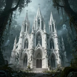 concept art of an abandoned white bone gothic cathedral, haunted by ghosts, exterior architecture within an enchanted magic jungle, beautiful landscape, sharp focus, hyper detailed, hyperrealism, volumetric, by zack snyder, ethereal, unreal engine 5, ominous, misty, dappled lighting through trees, cinematic, unsettling, 8 k