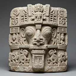 stone sculpture of a mix of alien, mayan and gaudi influences
