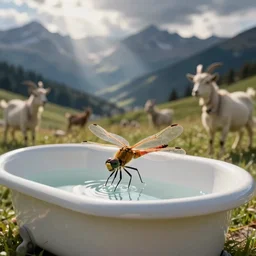 dragonfly in a bathtub in the alps, goats in background