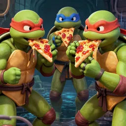 teenage mutant ninja turtles eating gummy pizza in the sewer