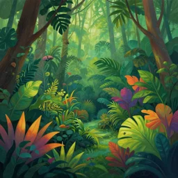 a beautiful matte painting of a jungle location filled with green foliage and rainbow colored plants, inhabited by various types of dinosaurs, by Christophe Vacher and Bastien Lecouffe-Deharme, trending on artstation, vivid color scheme,wide angle,highly detailed,v-ray render,photorealistic,4k render