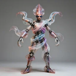 a photograph of a man. 5 0 % of his cells are squid. he has a machinery attached to every joint of his body. a flamboyant display of diaphanous silk winds tightly around his being.