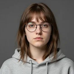 portrait of a young white woman, brown hair and bangs, a slightly big nose, slightly big jaw, round glasses, wearing a gray hoodie