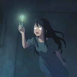 Young Himalayan woman floating amused using psychic powers to make a lighter float| night time scene, plain walls |light hearted, white eyes, long messy hair | gentle lighting, futuristic, dim lighting, digital art by Makoto Shinkai ilya kuvshinov and Wojtek Fus, digital art, concept art,
