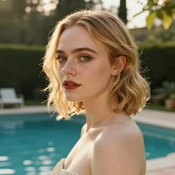Elle Fanning, head and shoulder masterpiece, next to a pool, golden hour, in a garden, artstation, by J. C. Leyendecker and Peter Paul Rubens,