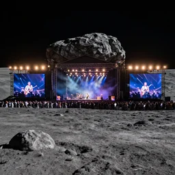 lunar landscape in which a massive rock concert, cinematographic lighting is being held