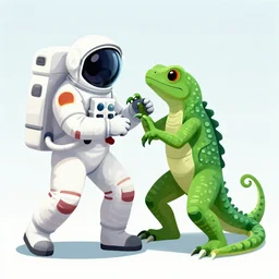 a beautiful illustration of a an astronaut fighting a green lizard alien near a crashed space ship on a tropical garden world by Ralph McQuarrie| sparth:.2 | Tim white:.4 | Rodney Mathews:.2 | Graphic Novel, Visual Novel, Colored Pencil, Comic Book:.2