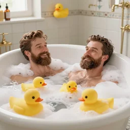 emperor of the russian empire nikolay 2 lies in a bath with foam. there is a yellow duck in the bathroom.