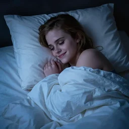emma watson waiting for you in bed at night while smiling shyly, very sleepy and shy, bare shoulders, comforting, covered in big fluffy white blanket, dim blueish lighting