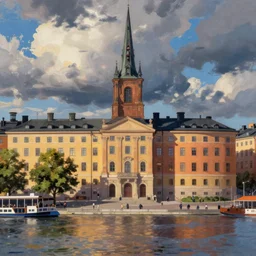 a painting of mariaberget in stockholm during summer, anime style
