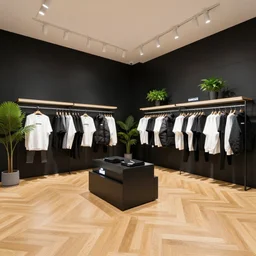hyperdetailed streetwear samsung store, oak parquet, black walls, digital walls, plants