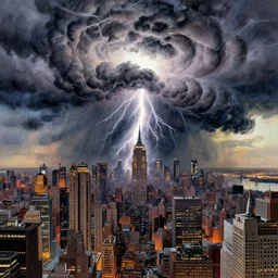 a epic thunderstorm over new york, by anthony van dyck, artstation, illustration, sketch, comic book, polychromatic - colors, insanely detailed and intricate, hypermaximalist, elegant, ornate, hyper realistic, super detailed