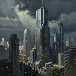 A painting by Eytan Zana, of a cyberpunk city