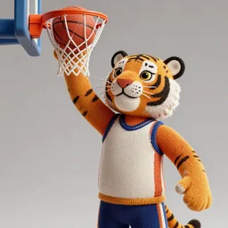 a photorealistic picture of a knitted tiger dunking basketball in style of Pablo Picasso Trending on Artstation, featured on Behance, well-rendered, fine detail, extra crisp image, Unreal Engine, 4K HD