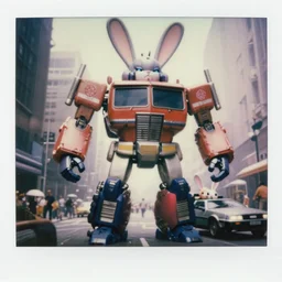 epic pose!!! giant oversized battle rabbit robot chubby mech transformers retro boombox delorean carbot double decker with giant oversized ears and rabbit babies, in busy city, full body, cinematic focus, polaroid photo, vintage, neutral dull colors, soft lights, foggy mist, by oleg oprisco, by thomas peschak, by discovery channel, by victor enrich, by gregory crewdson, synthwave style
