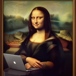 a skinny young woman wearing a virtual reality headset is working on a laptop!, looks like mona lisa, sharp focus, hyper realistic, centered, extremely detailed, wide shot!, a painting by leonardo da vinci