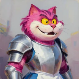 greg manchess portrait painting of partially armored cheshire cat from alice in wonderland as overwatch character, medium shot, asymmetrical, profile picture, organic painting, sunny day, matte painting, bold shapes, hard edges, street art, trending on artstation, by huang guangjian, gil elvgren, ruan jia, randy vargas, greg rutkowski