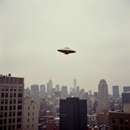 an aged photo of a tiny ufo flying above new york city, gloomy, grainy